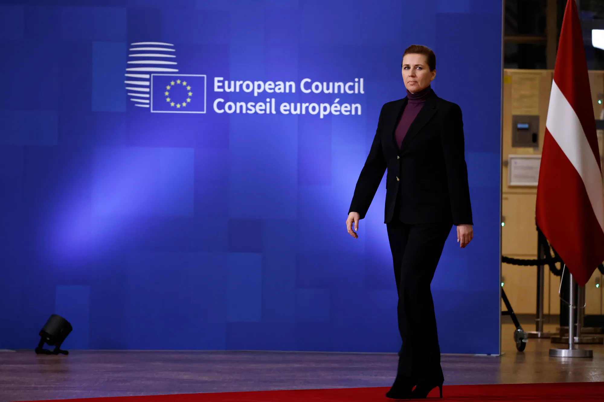 Denmark’s Prime Minister Mette Frederiksen arrives for an emergency European Union summit in Brussels, on Jan. 22.&nbsp;