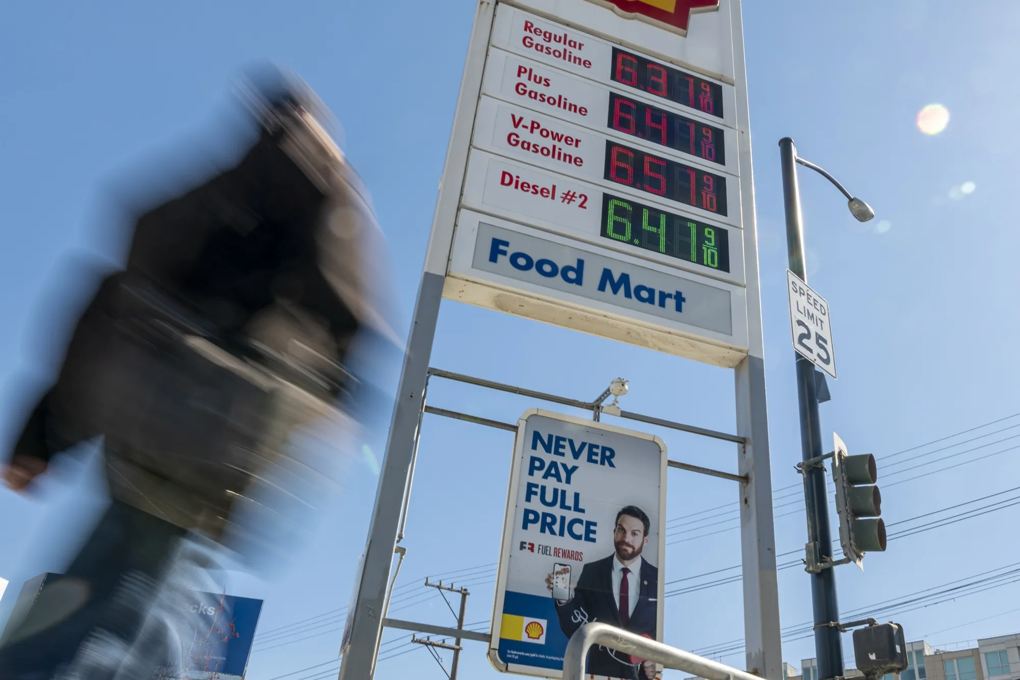 Signage displaying fuel prices at a gas station in San Francisco, California, U.S., on March 7.&nbsp;Gas prices are near record highs.