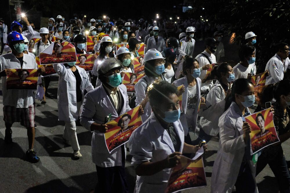 Medical staff and students take part in a protest against the military coup in Mandalay, March 21. 
