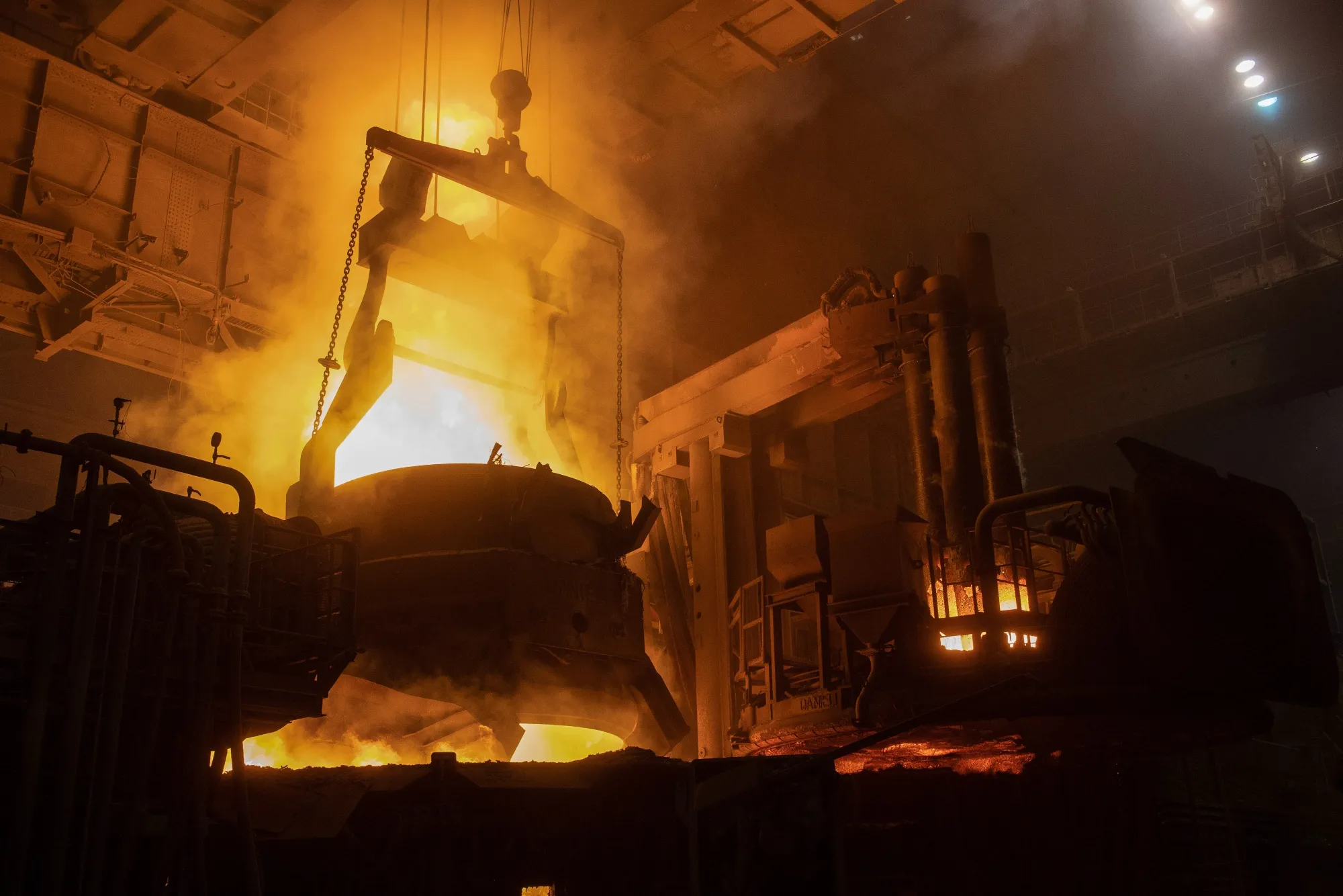An electric arc furnace at a steel mill, operated by Severstal, in Cherepovets, Russia.