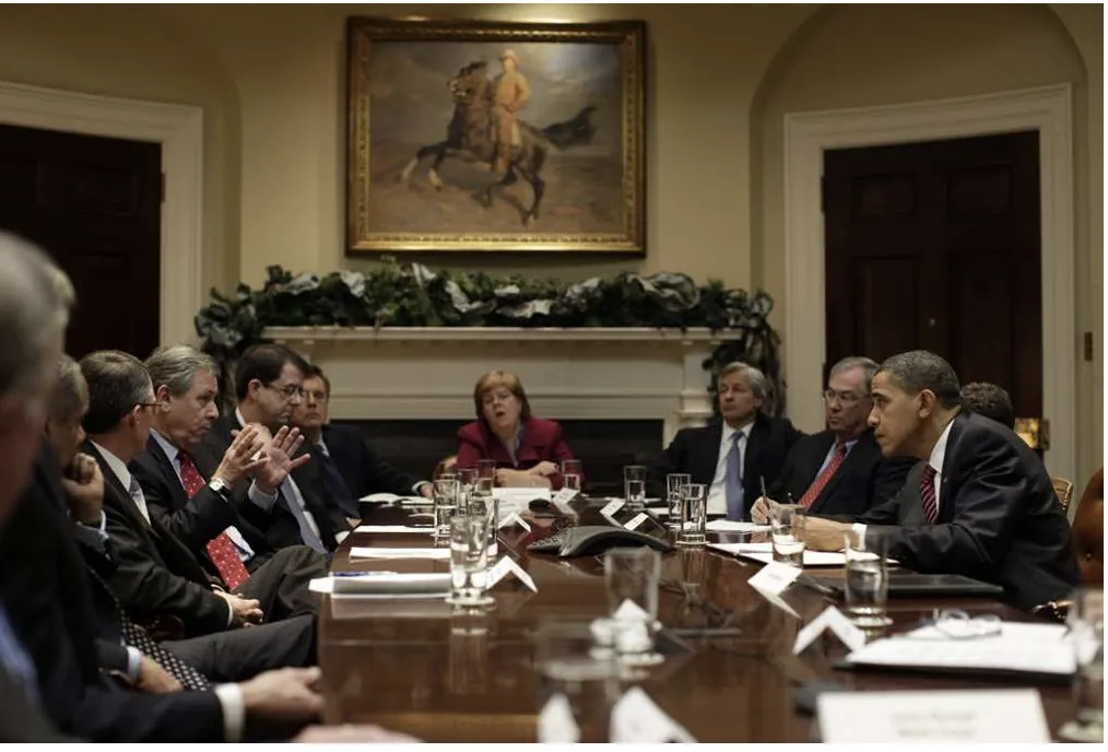 President Barack Obama holds a meeting with bank executives in the Roosevelt Room of the White House, Dec. 14, 2009.&nbsp;