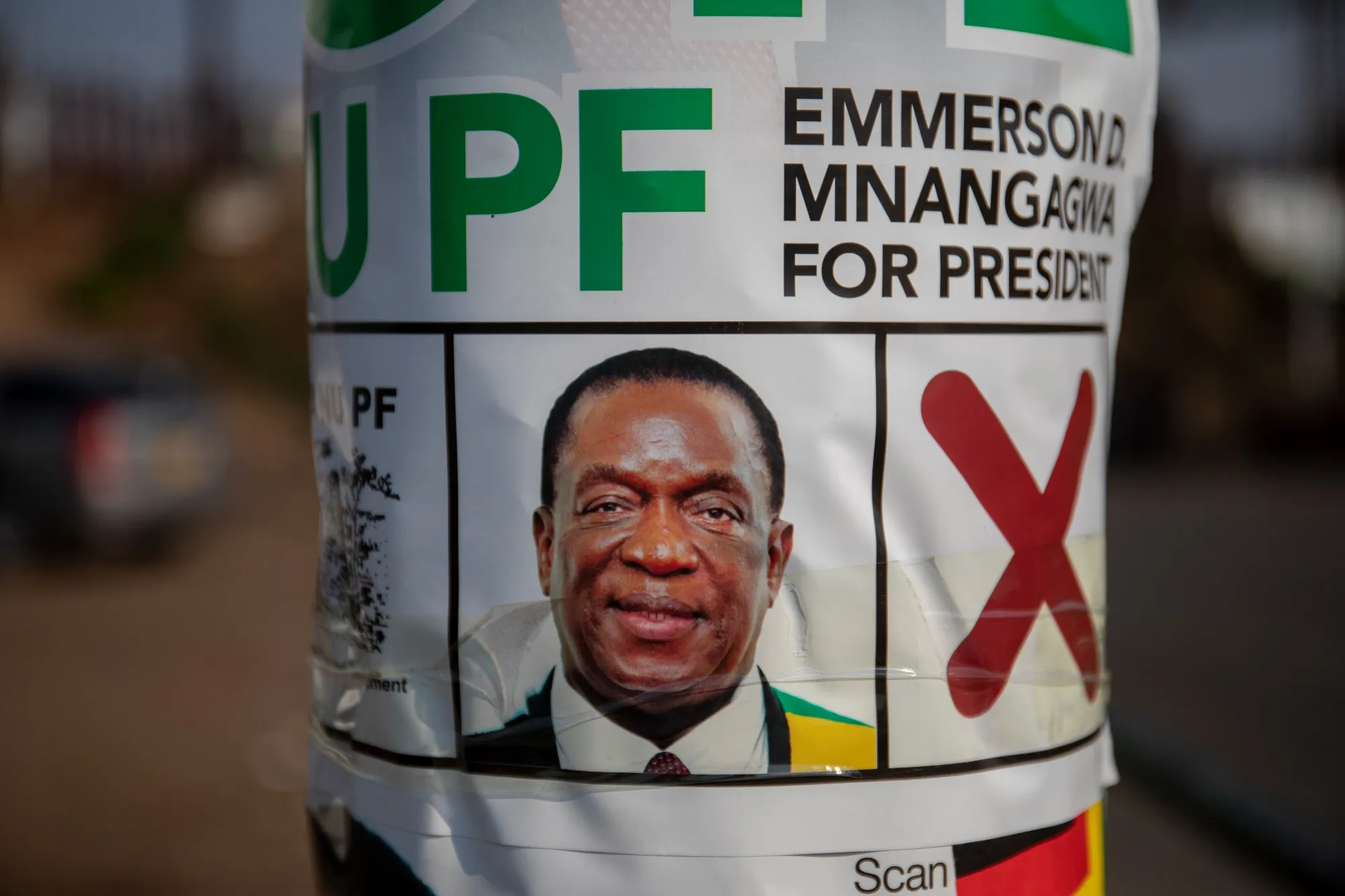 An election poster bearing Zimbabwean President Emmerson&nbsp;Mnangagwa’s&nbsp;image in Harare&nbsp;in August 2023.&nbsp;