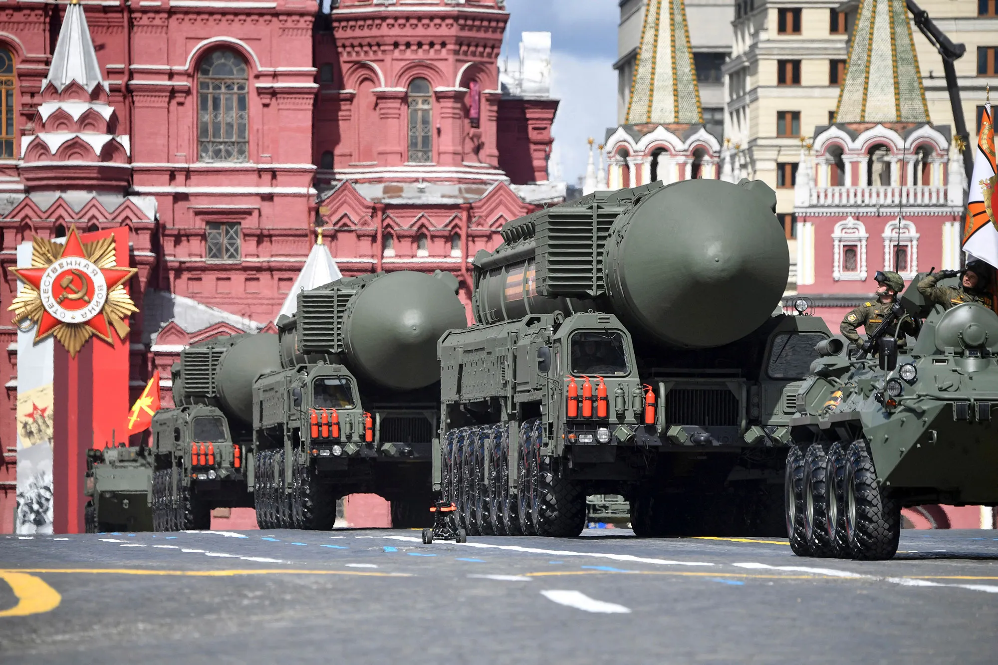 Russian Yars intercontinental ballistic missile launchers parade through Red Square.