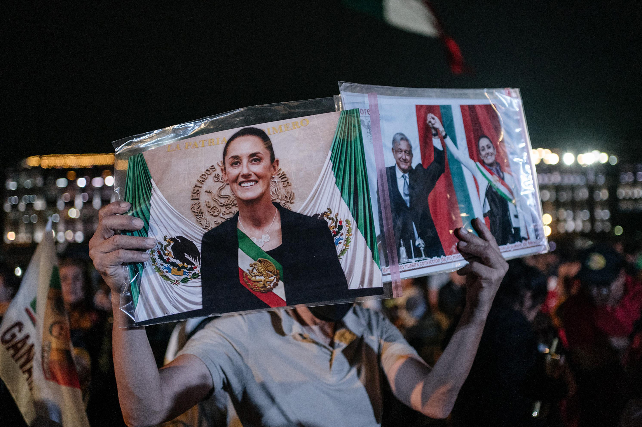 Supporters of Claudia Sheinbaum celebrate during an election night rally at Zocalo Plaza in Mexico City&nbsp;on Sunday.