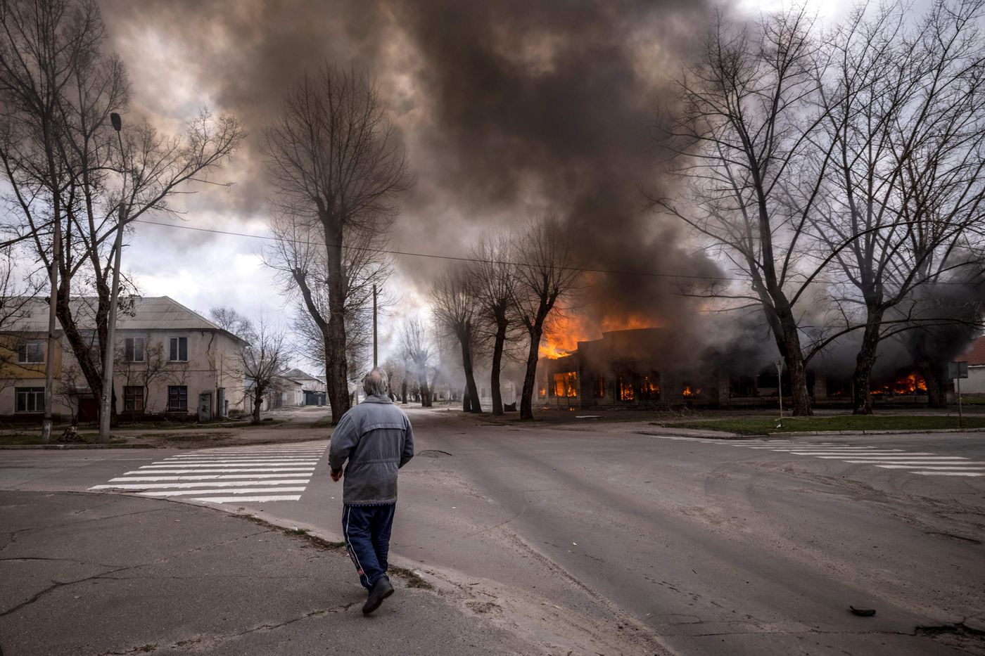 A building burns following shelling in Severodonetsk, located in the Donbas&nbsp;region of eastern Ukraine, on April 6. Western allies and Ukrainian officials warn that Russia may try to take the entire area after being pushed back from the north and around Kyiv.&nbsp;