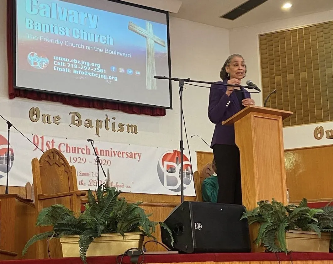 Maya Wiley speaks at Calvary Baptist Church.&nbsp;