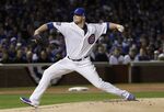 Chicago Cubs starting pitcher Jon Lester throws during the first inning of Game 5 of the Major League Baseball World Series against the Cleveland Indians on Sunday, Oct. 30, 2016, in Chicago. Lester, a durable left-hander who won three World Series titles during 16 years in the majors, has announced his retirement. Lester, who turned 38 on Friday, Jan. 7, 2022, finishes with a 200-117 record and a 3.66 ERA in 452 career games, including 451 starts. He also has been a reliable postseason performer, compiling a 2.51 ERA in 26 appearances.(AP Photo/David J. Phillip, File)