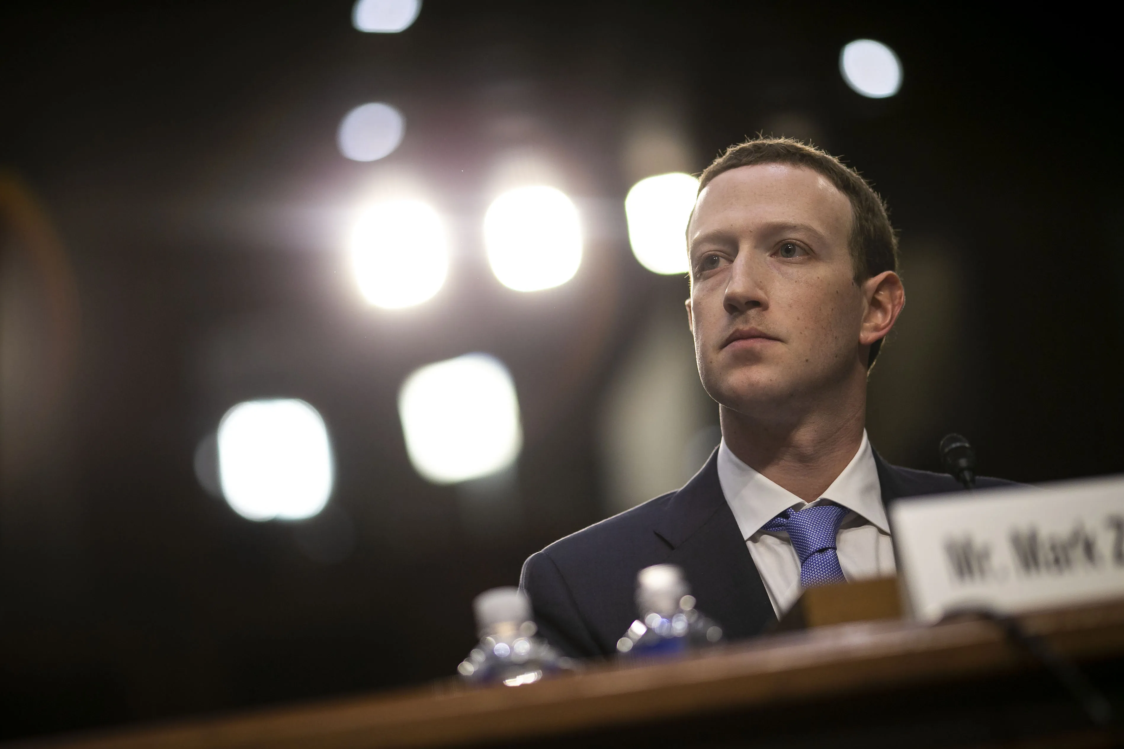 Mark Zuckerberg listens during a joint hearing of the Senate Judiciary and Commerce Committees in Washington, on&nbsp;April 10, 2018.