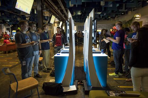 Attendees participate in a hackathon creating new levels for Super Mario Maker at the Facebook headquarters in Menlo Park, Calif., on July 29, 2015.
