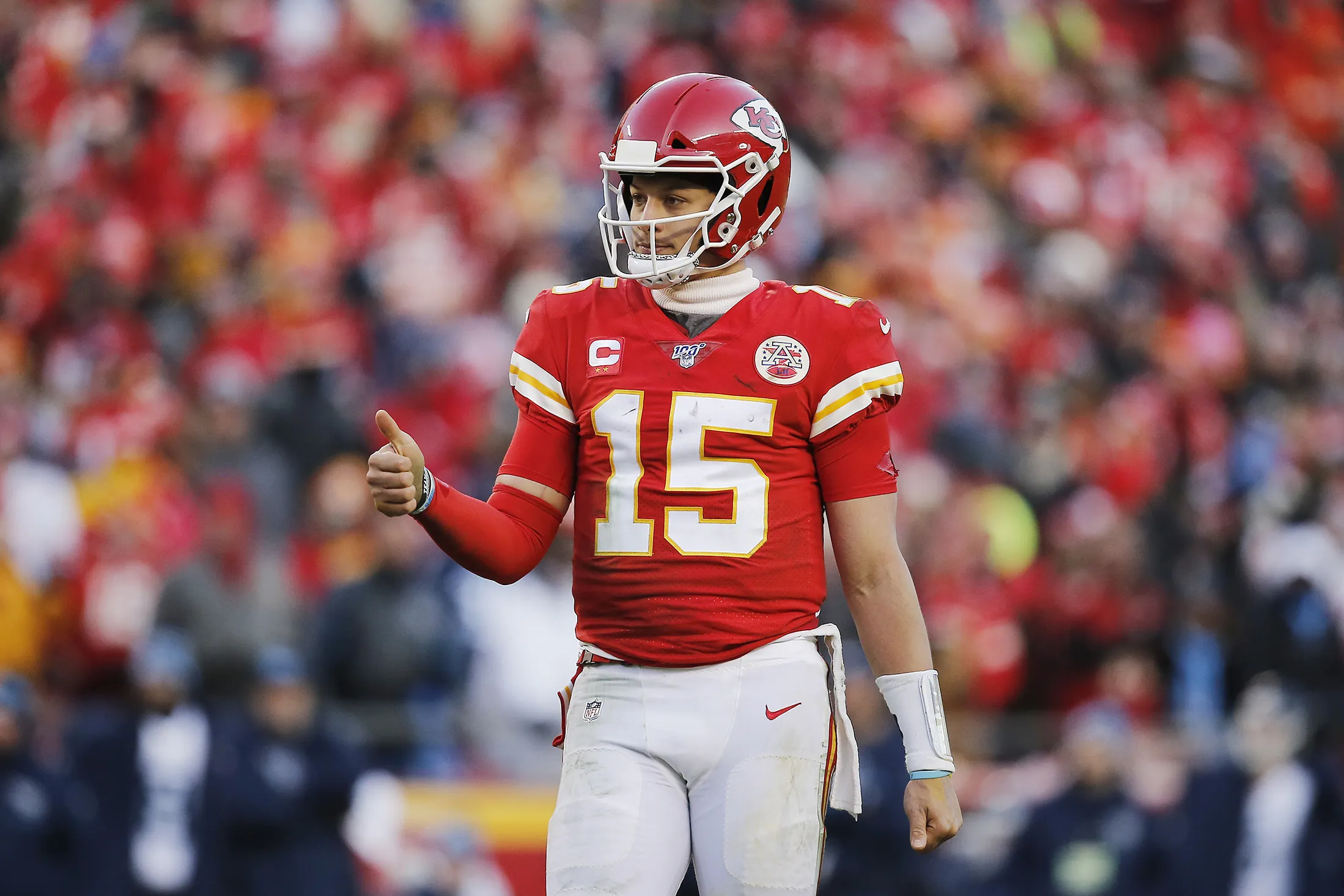 Patrick Mahomes of the Kansas City Chiefs reacts after a play against the Tennessee Titans at Arrowhead Stadium on Jan. 19, 2020.