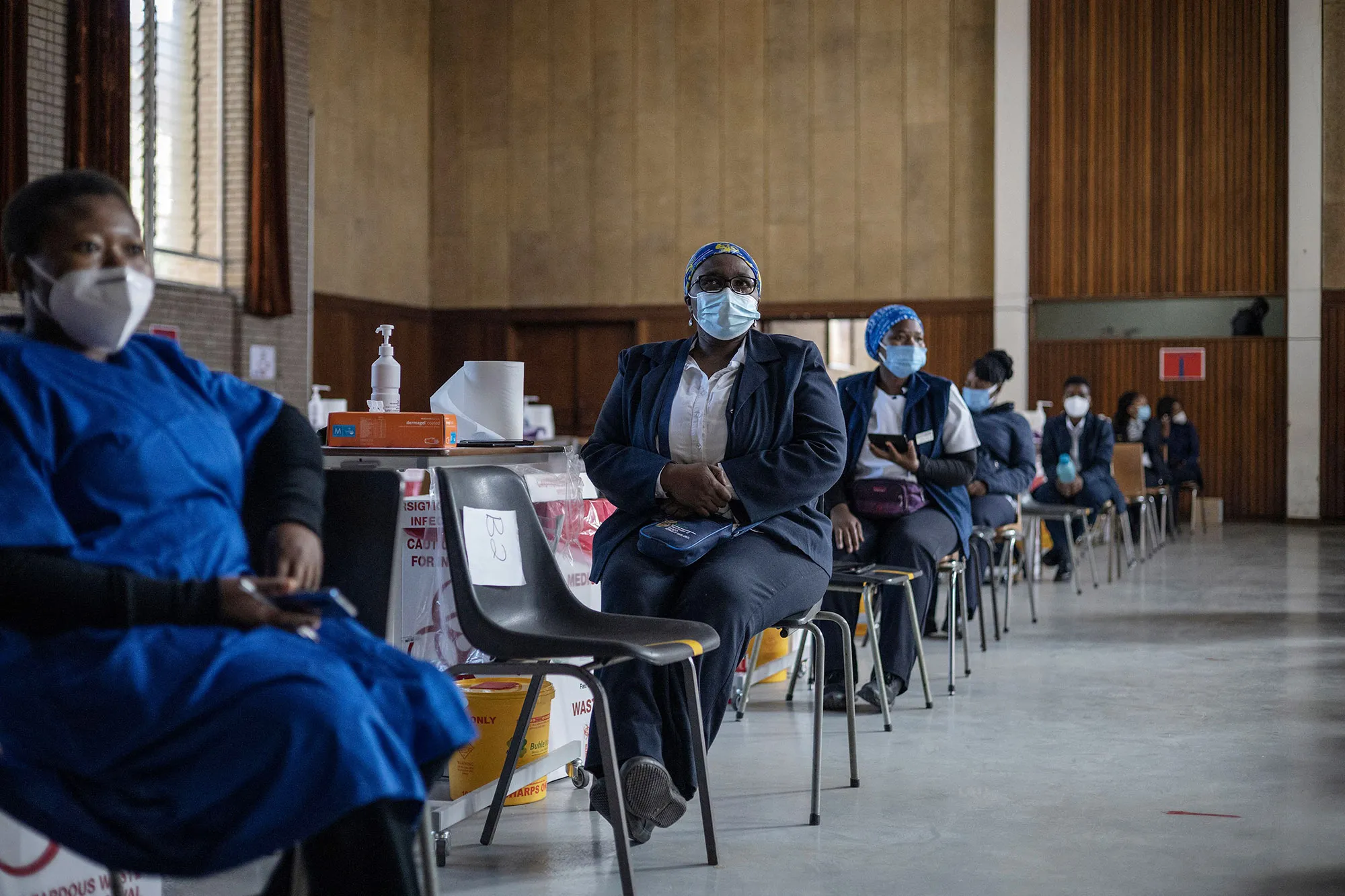Health care workers awaits doses to start vaccinating people at the Bertha Gxowa Hospital in Germiston, South Africa.&nbsp;