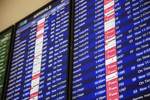San Francisco, California, USA - August 22, 2013: San Francisco International Airport; close-up of the Arrival/Departure board. Different airlines on schedule ready for the afternoon departures.
