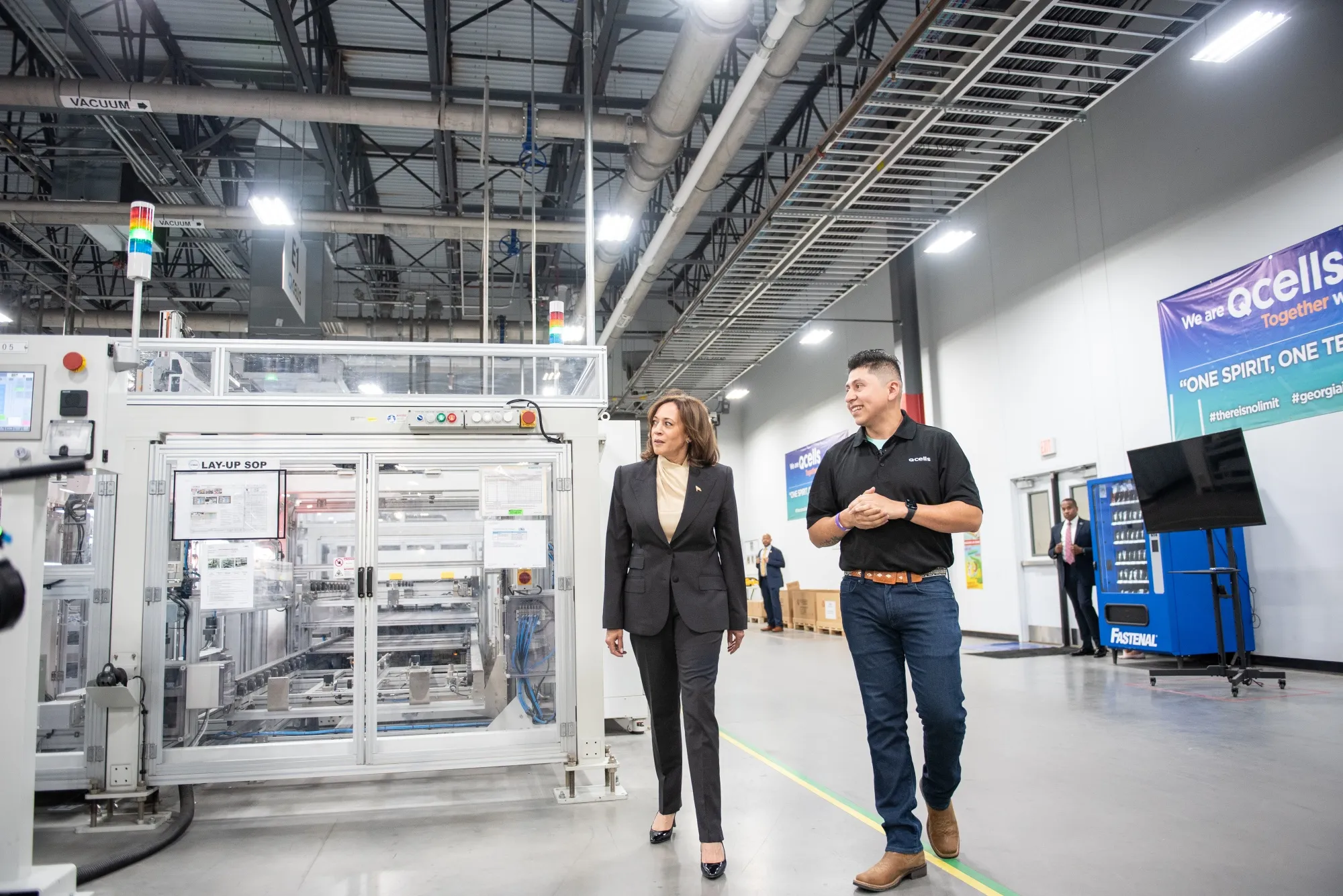 US Vice President Kamala Harris&nbsp;tours a Qcells solar panel manufacturing plant in Dalton, Georgia&nbsp;on&nbsp;April 6. In January, QCells announced an investment of $2.5 billion in solar manufacturing in the US.&nbsp;