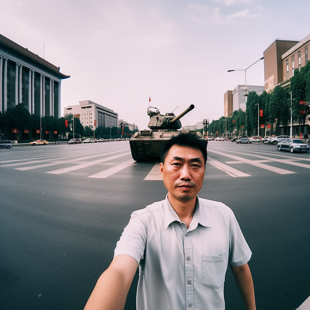 A man wearing a short-sleeved, off-white button-down shirt is taking a selfie in front of a tank driving over a zebra crossing on a wide avenue against an overcast sky. There are buildings, green-leafed trees and tall posts with red flags lining the boulevard. The focus is sharp and the lighting is grey-washed.