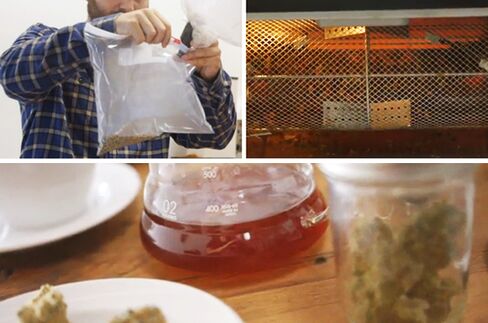 Compelling & Rich's process: Raw coffee is conditioned with cannabis vaporized at a low temperature, essential for adding flavor (upper left); the coffee is roasted conventionally (upper right); the finished product, displayed beside some marijuana bud.