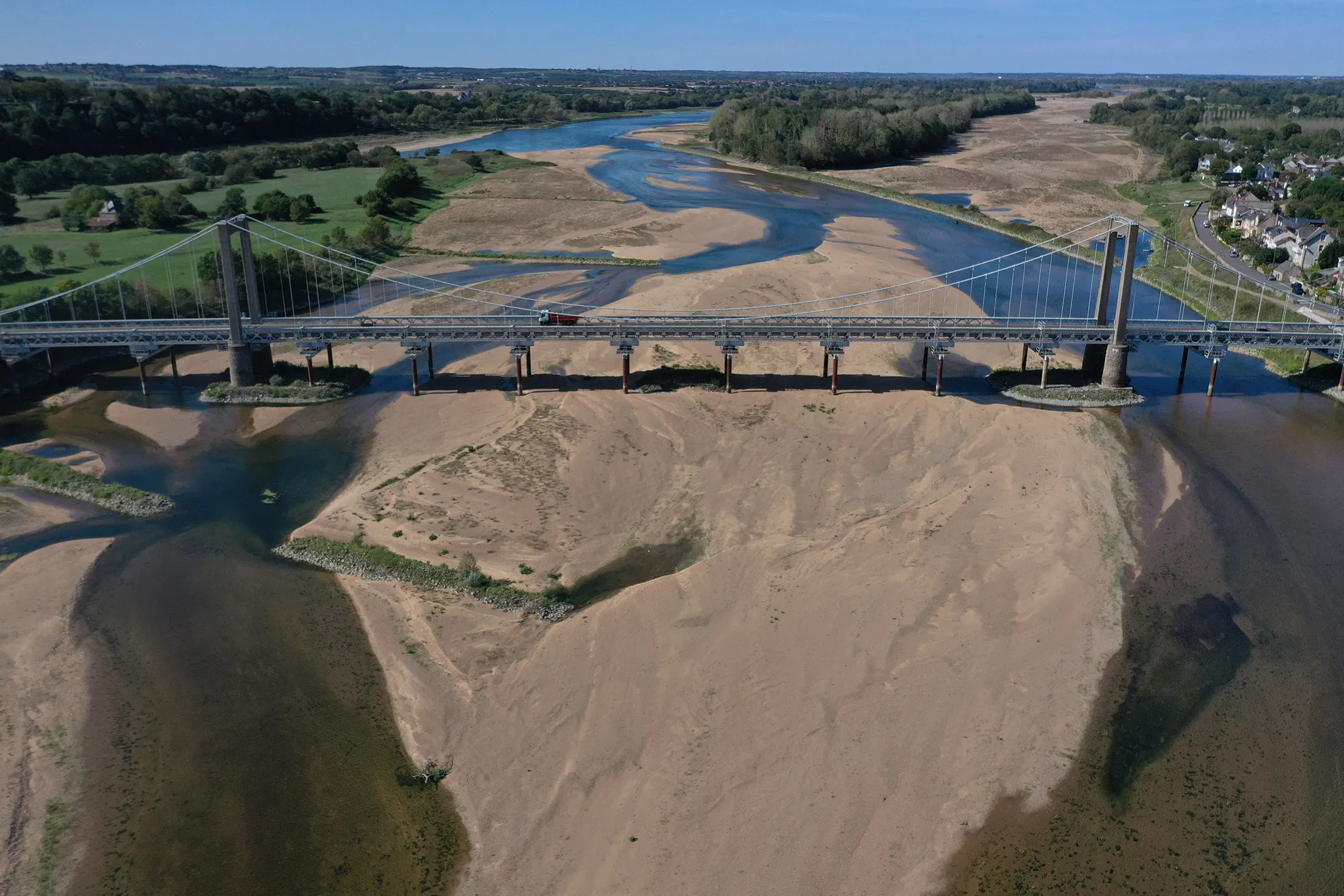 The dried out Loire River bed during drought conditions in Loireauxence, France, in 2022.
