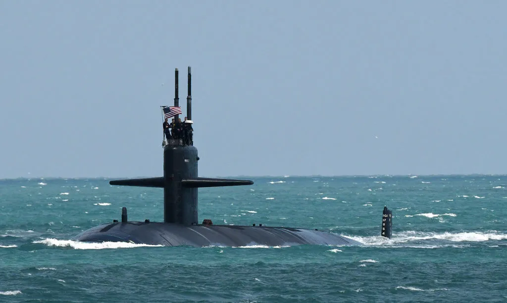 A nuclear-powered US Navy submarine at Port Canaveral, Florida.
