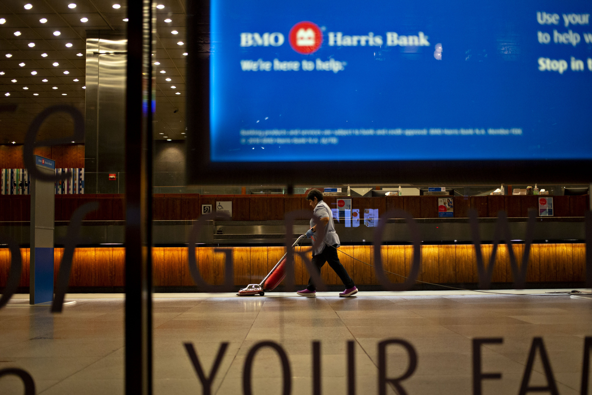 A BMO Harris Bank branch on the ground floor of the company's headquarters in Chicago.