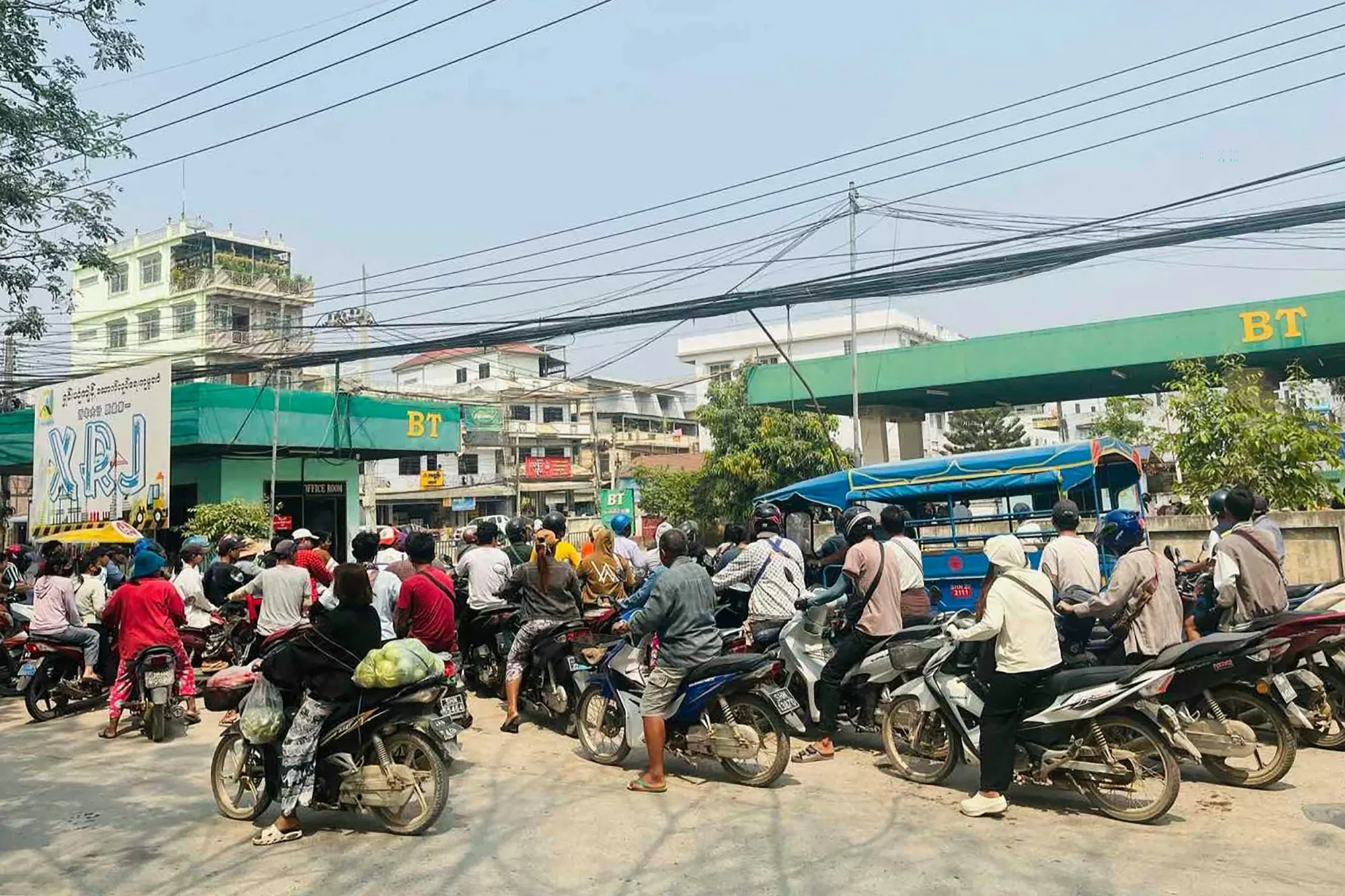 Motorists queue at a petrol station in Tachileik, Myanmar, on March 4.