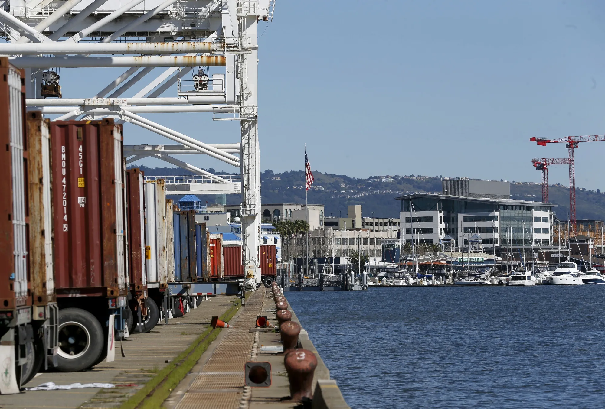 Jack London Square in Oakland is seen from Howard Terminal in 2019. The terminal is being considered for the Oakland Athletics new ballpark.