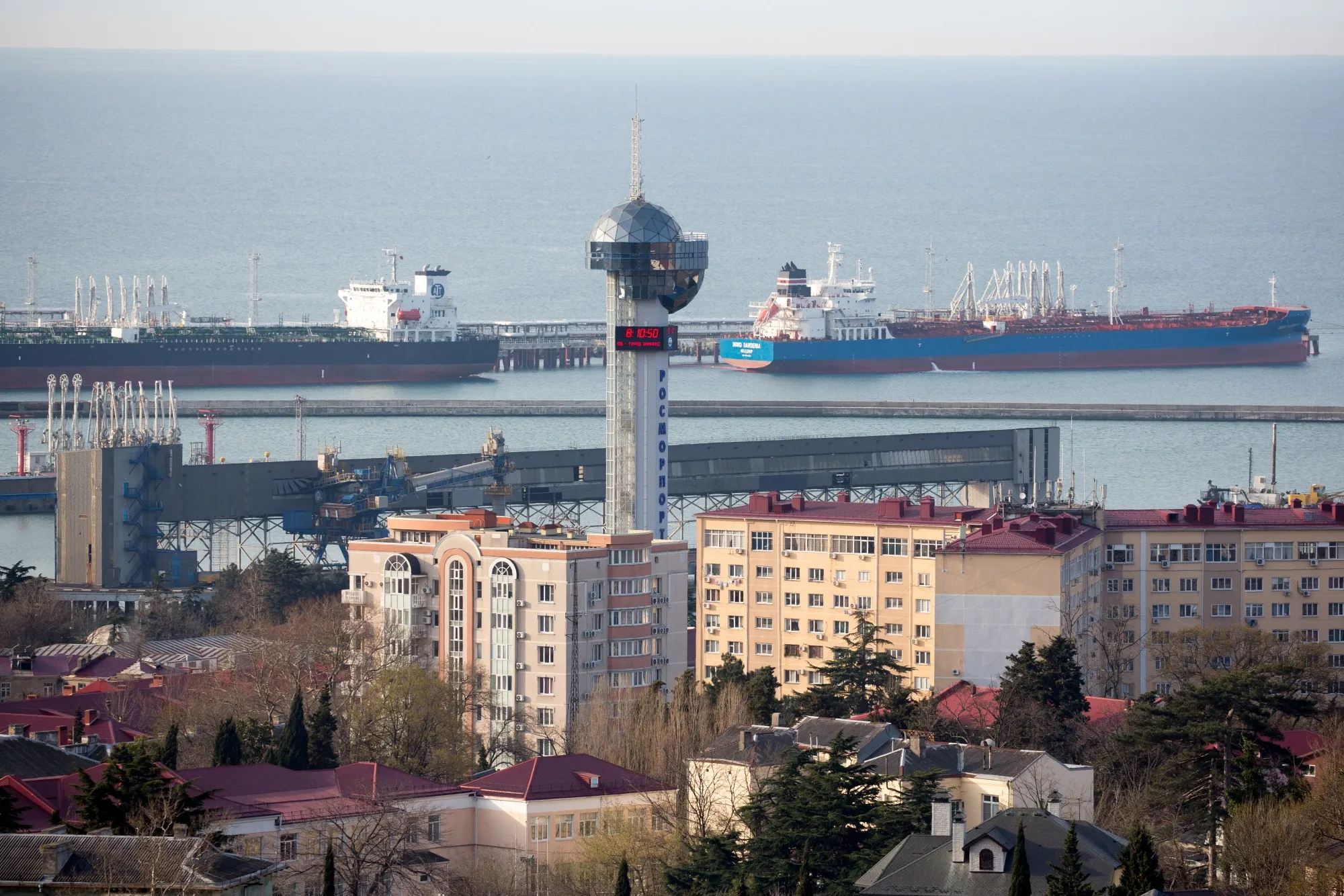 Tankers moored dockside at the port in Tuapse, Russia.