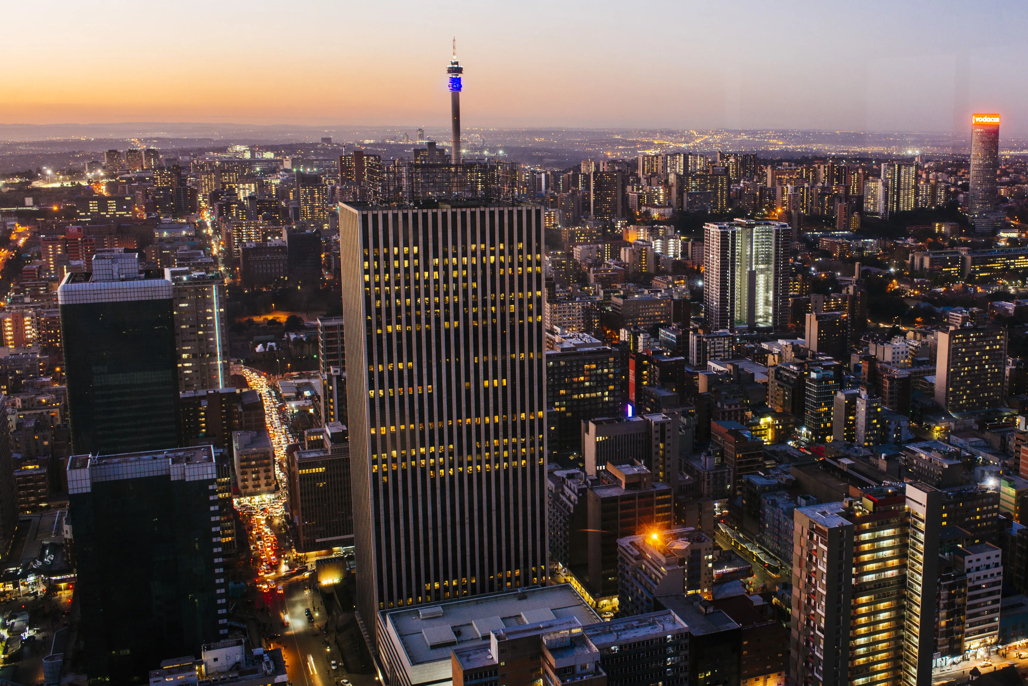 Commercial buildings and office property stand on the city skyline in Johannesburg.