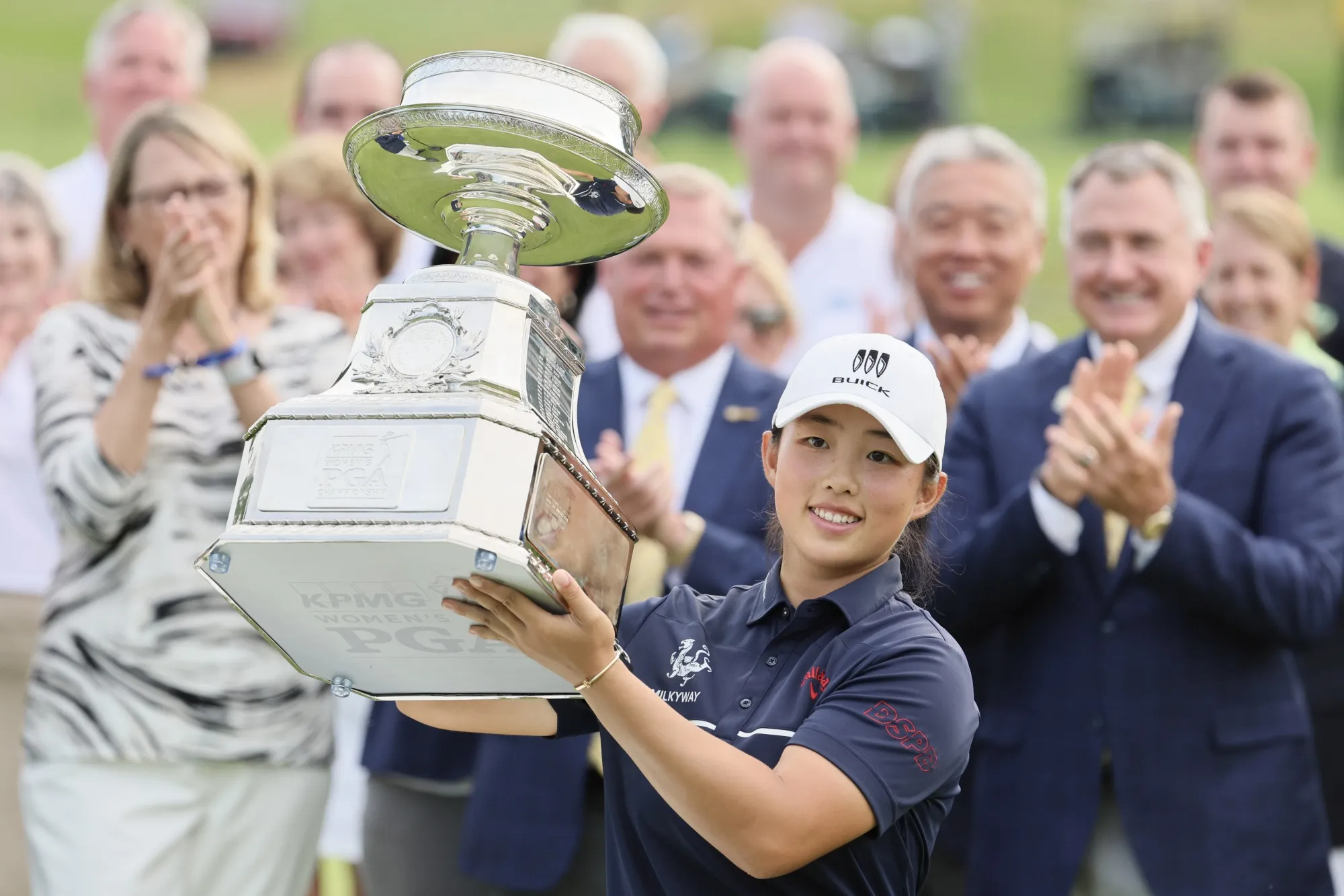 Ruoning Yin&nbsp;during the awards ceremony after winning the KPMG Women's PGA Championship at Baltusrol Golf Club on June 25.