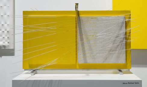Jesús Rafael Soto, Untitled (double vibration in yellow) (1966). Painted wood, metal, and nylon strings.