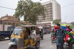 Traffic moves past the State Bank of Pakistan building in Karachi.