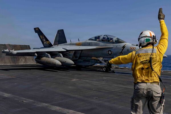 An EA-18G Growler fighter jet on the flight deck of the USS Abraham Lincoln on May 11.