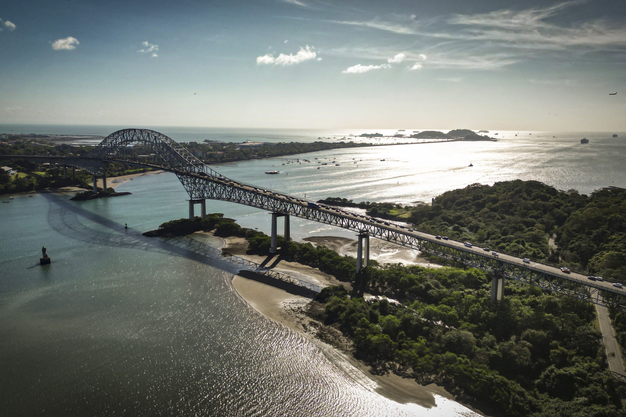 An aerial view of the Bridge of the Americas at the Pacific entrance of the Panama Canal, located next to the port of Balboa in Panama City, on Jan. 30, 2026. Photographer: Martin Bernetti/AFP/Getty Images