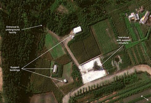 Ballistic missile launch support structure erected at test stand.