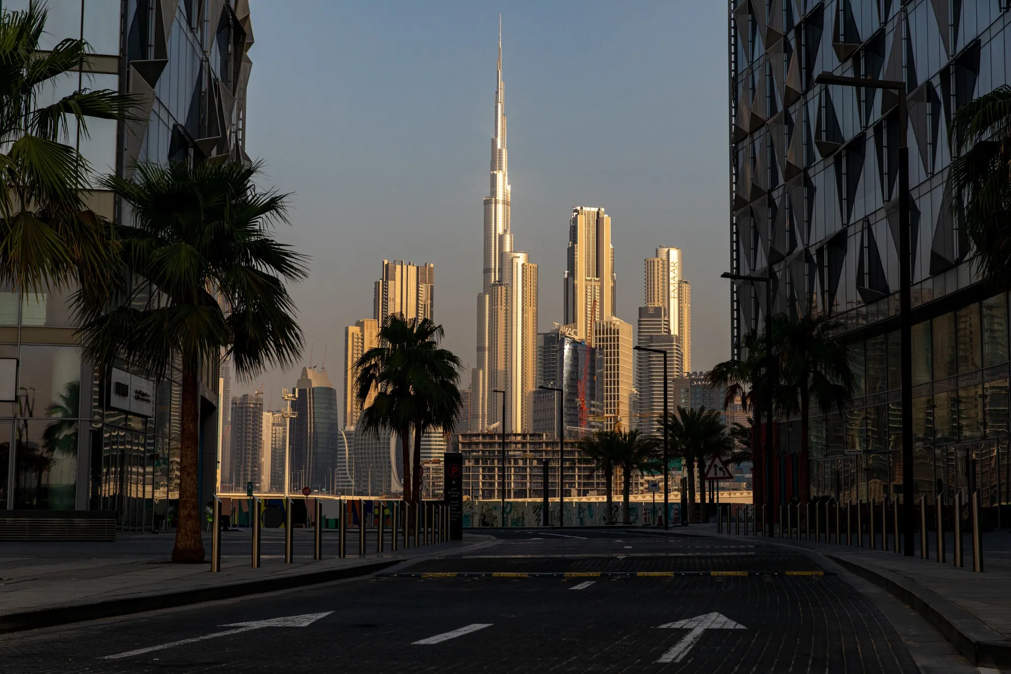 The Burj Khalifa skyscraper, center, stands beyond an empty road&nbsp;in Dubai, United Arab Emirates, on&nbsp;June 9.