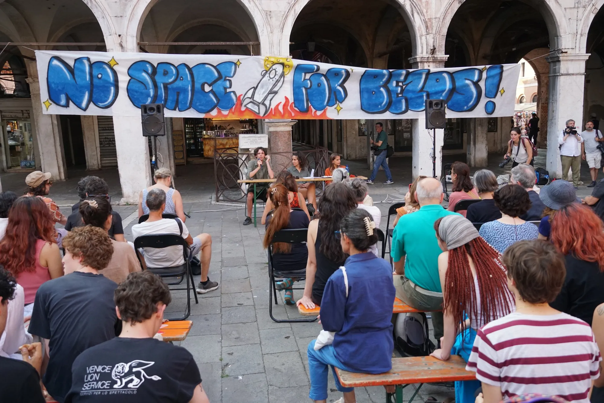 
Activists from &quot;No Space For Bezos&quot; gather in Campo San Giacomo&nbsp;square in Venice on&nbsp;June 13.
