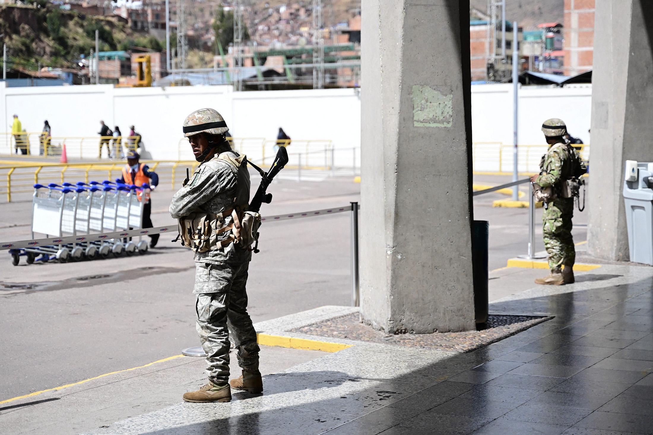 Soldiers guard outside the Alejandro Velasco Astete International Airport in Cuzco, Peru, on Dec.&nbsp;17.&nbsp;