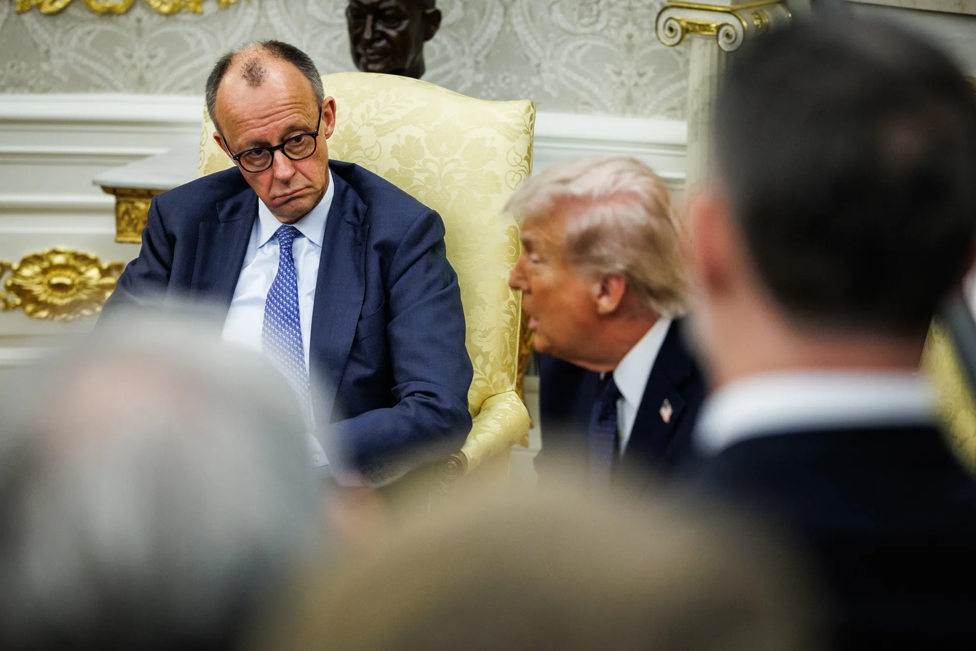 Friedrich Merz, Germany’s chancellor, left, and US President Donald Trump during a meeting in the Oval Office of the White House on March 3