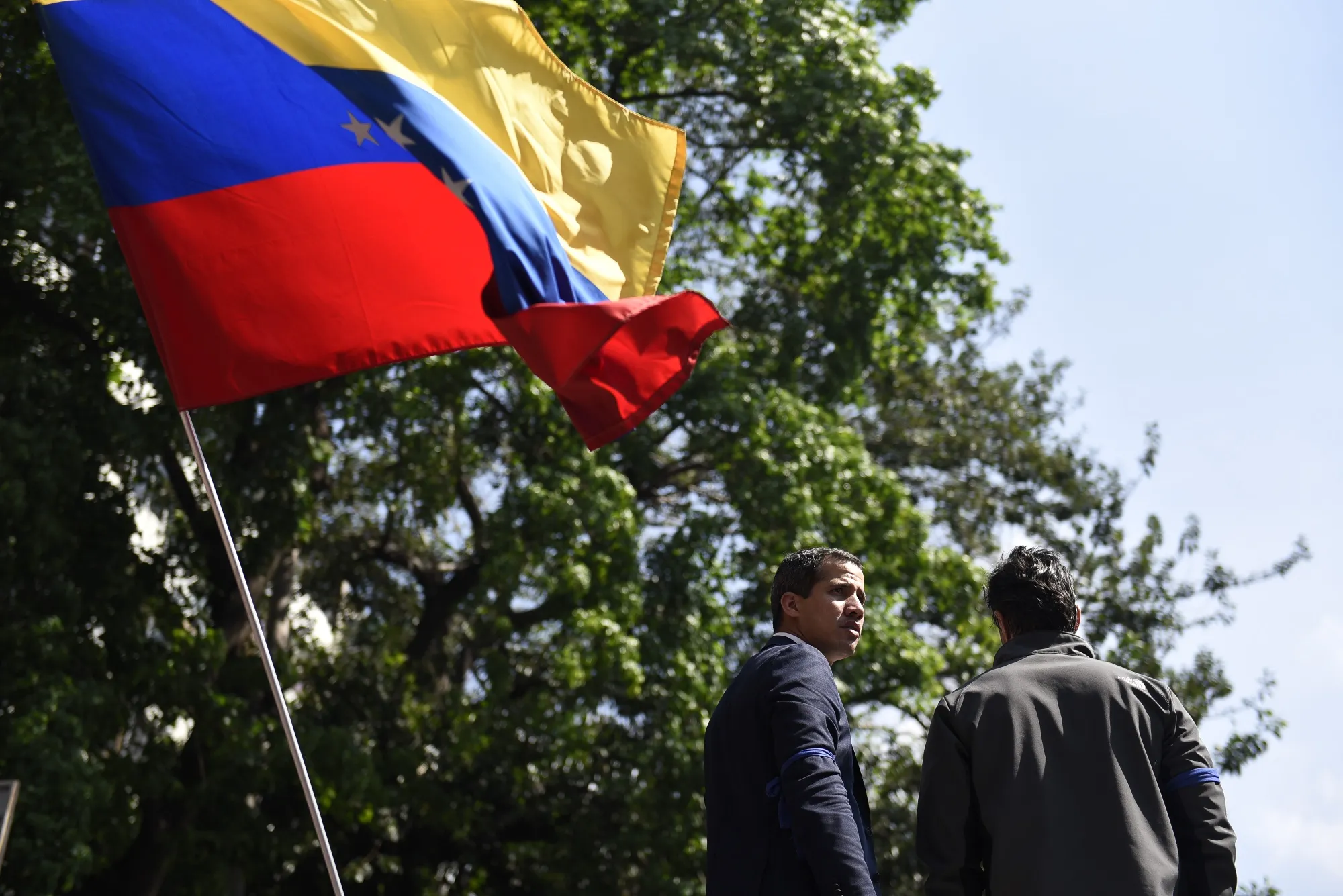 Juan Guaido, left, and&nbsp;Leopoldo Lopez&nbsp;at Altamira Square during a military uprising in Caracas,&nbsp;on April 30.
