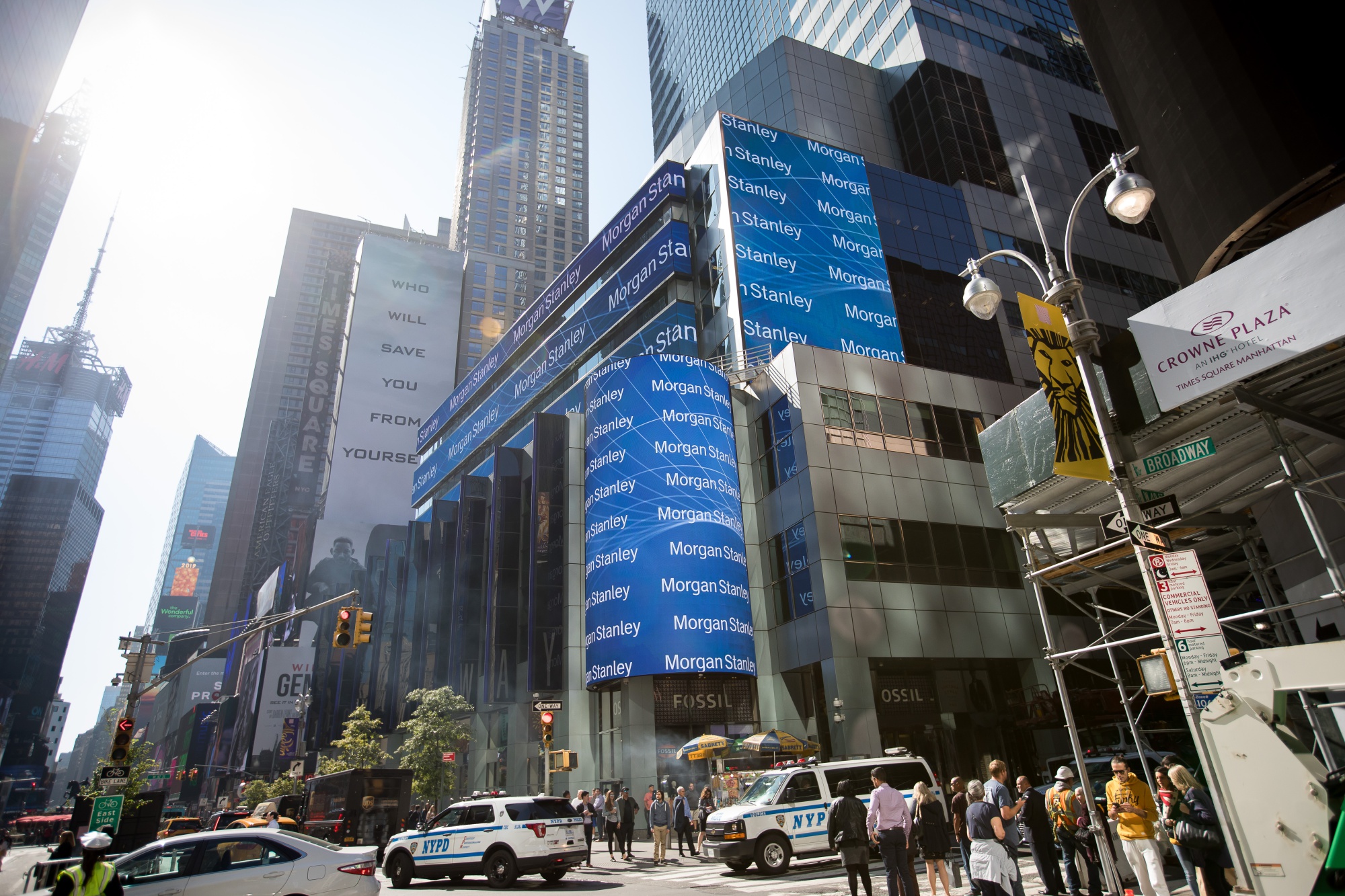 Monitors display signage outside of Morgan Stanley global headquarters in New York, U.S.
