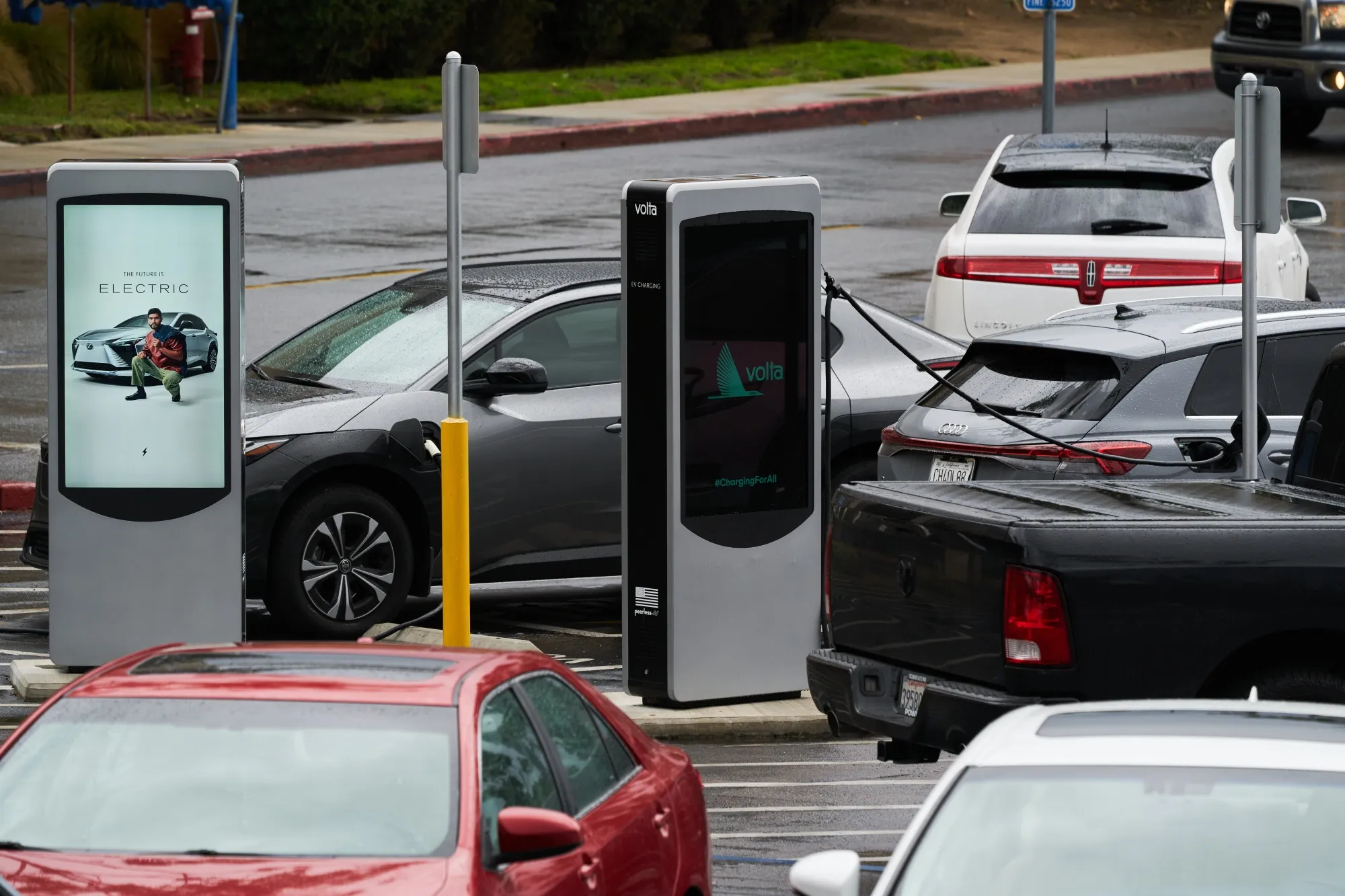 Volta electric vehicle chargers at a shopping center in Escondido, California&nbsp;on&nbsp;Jan. 29, 2023.&nbsp;