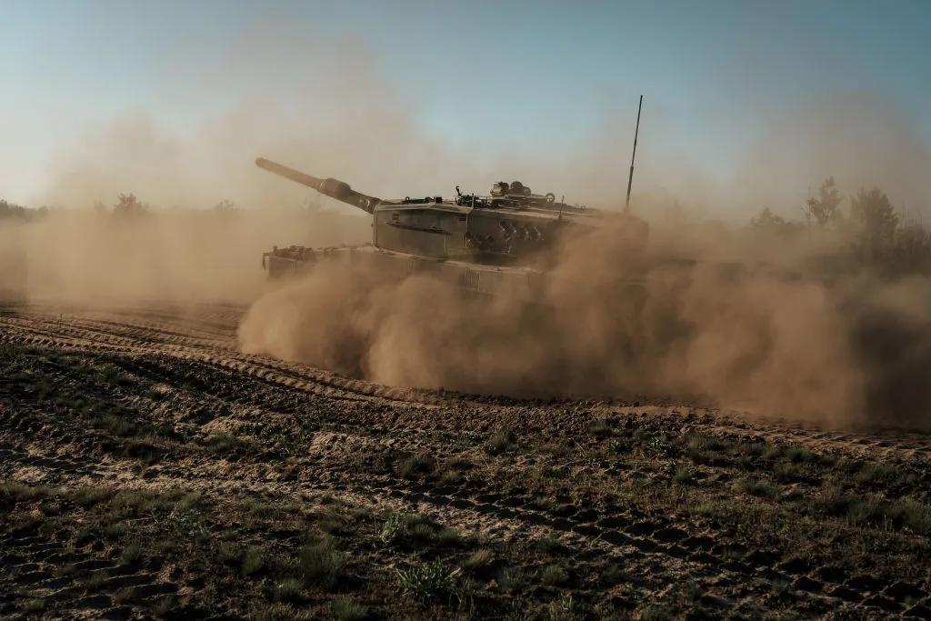 Ukrainian military conducts training on Leopard 2 tanks at a test site in&nbsp;May.&nbsp;