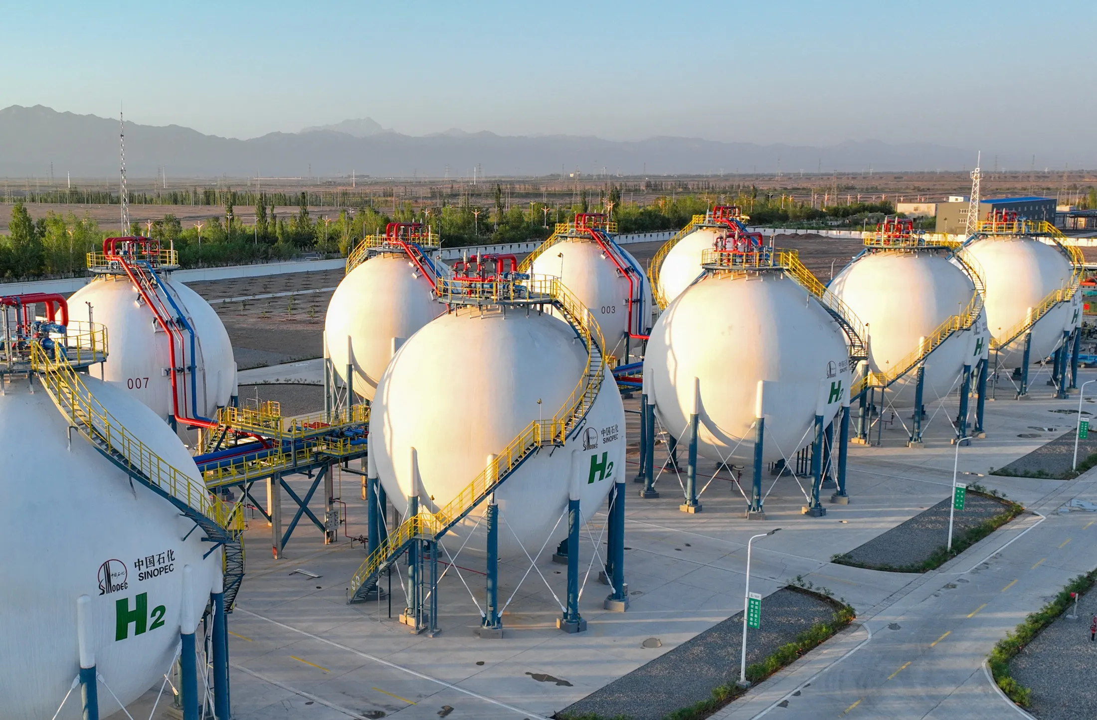 Hydrogen storage tanks at a green hydrogen plant in Kuqa, China, in August 2023.