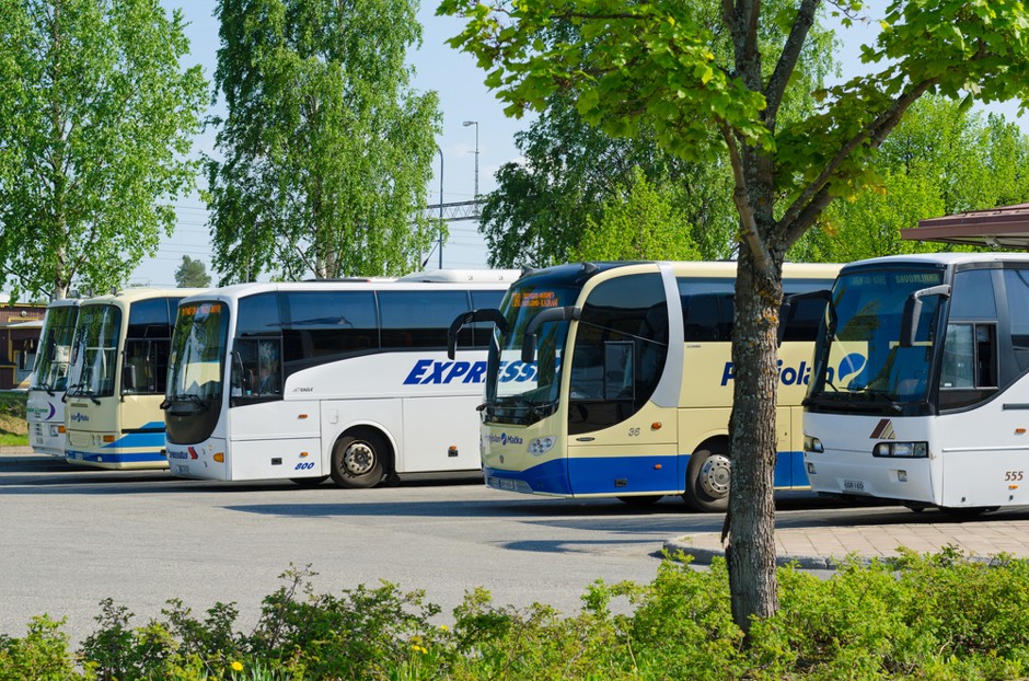 Buses at a city bus station in Joensuu, Finland—the first city to implement the Waltti card.