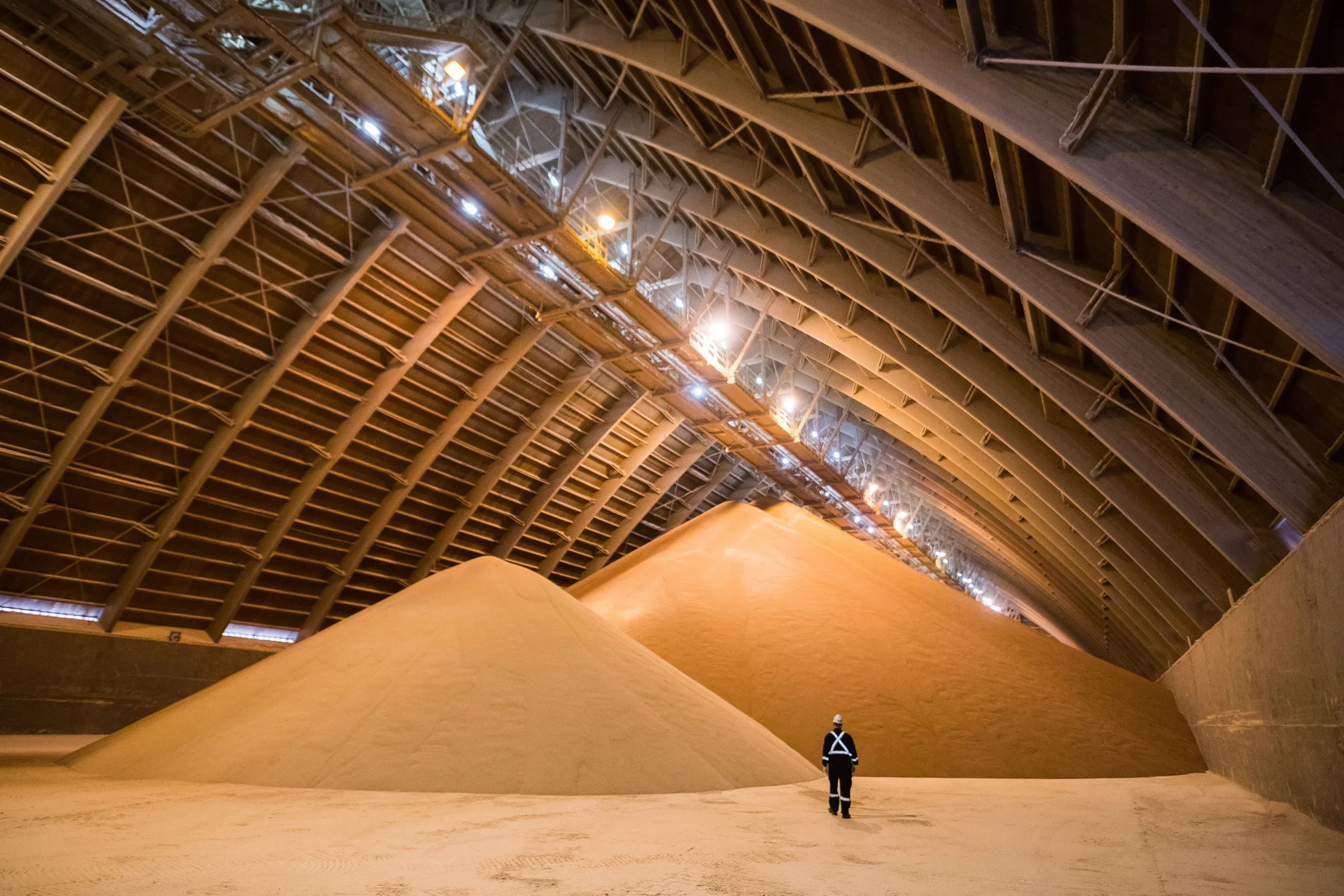 Piles of refined potash in a storage barn at the Nutrien Cory potash facility in Saskatoon, Saskatchewan, Canada.