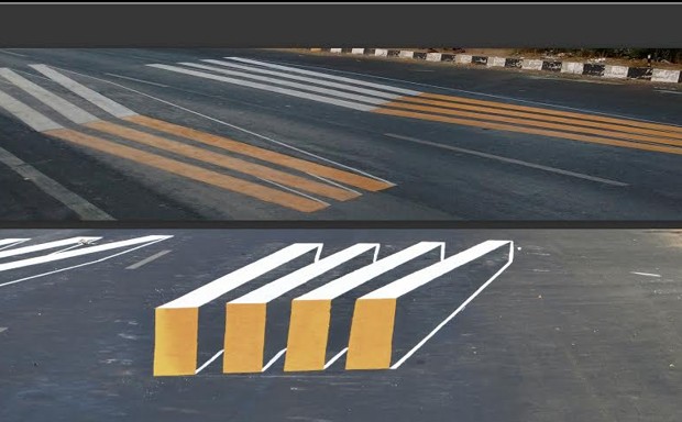 View of three traffic signs Pedestrian crossing / Zebra crossing