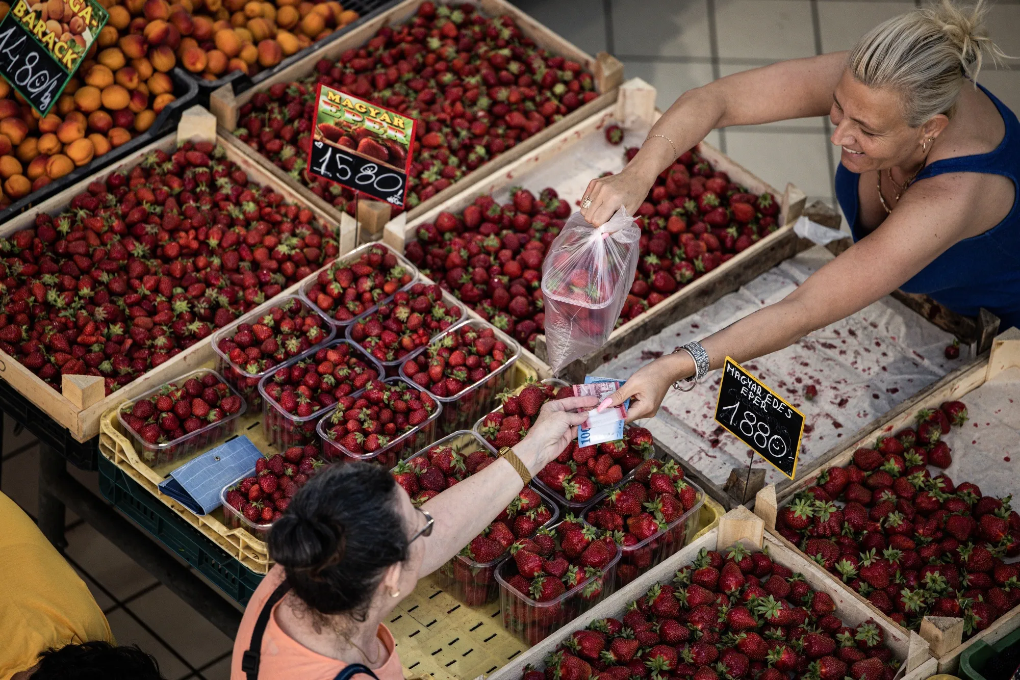 A customer pays for fresh strawberries at a market stall in Lehel Market Hall in Budapest, Hungary.