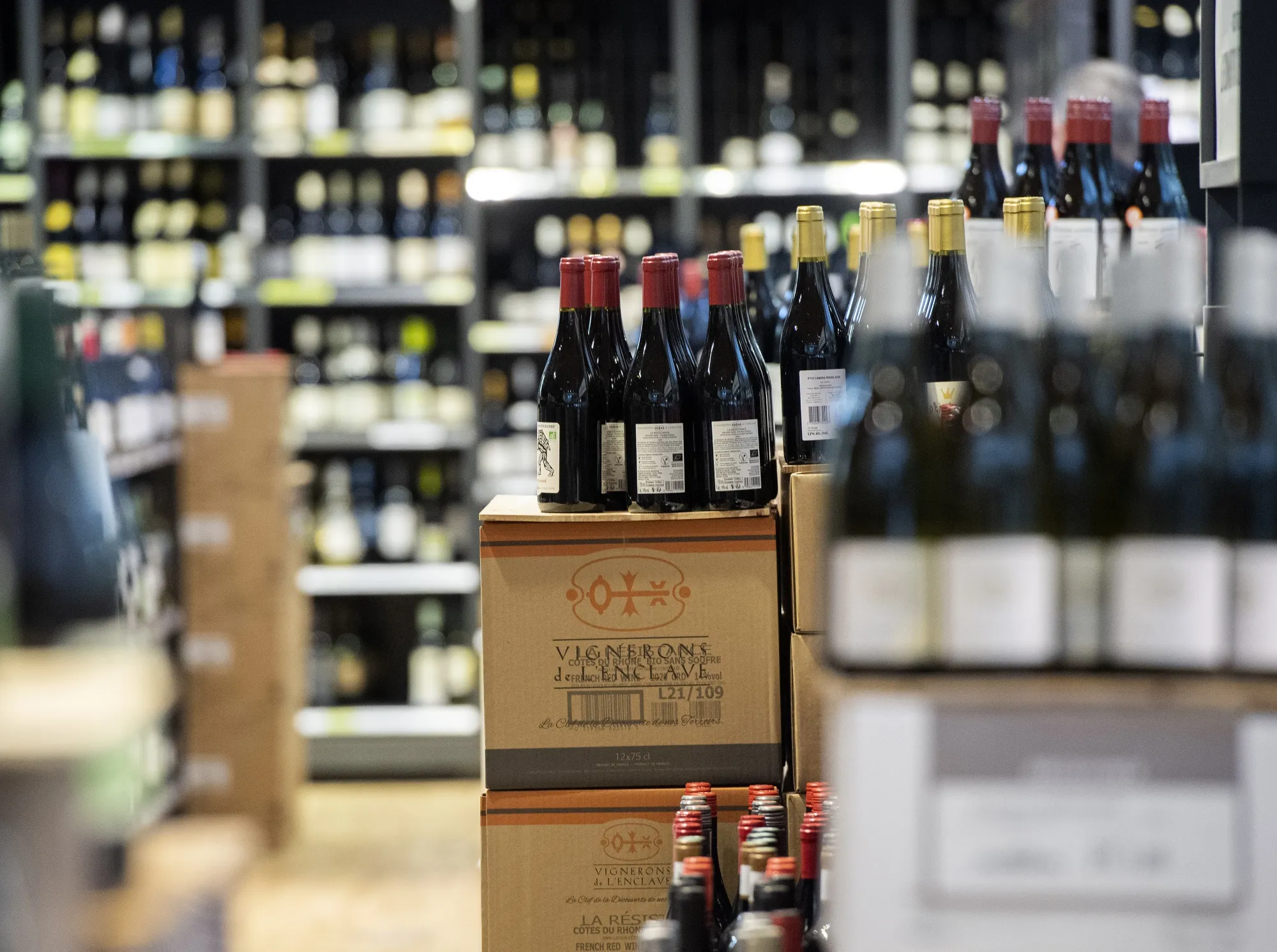 Wine in a Societe Des Alcools Du Quebec (SAQ) liquor store in Montreal, Quebec, Canada.