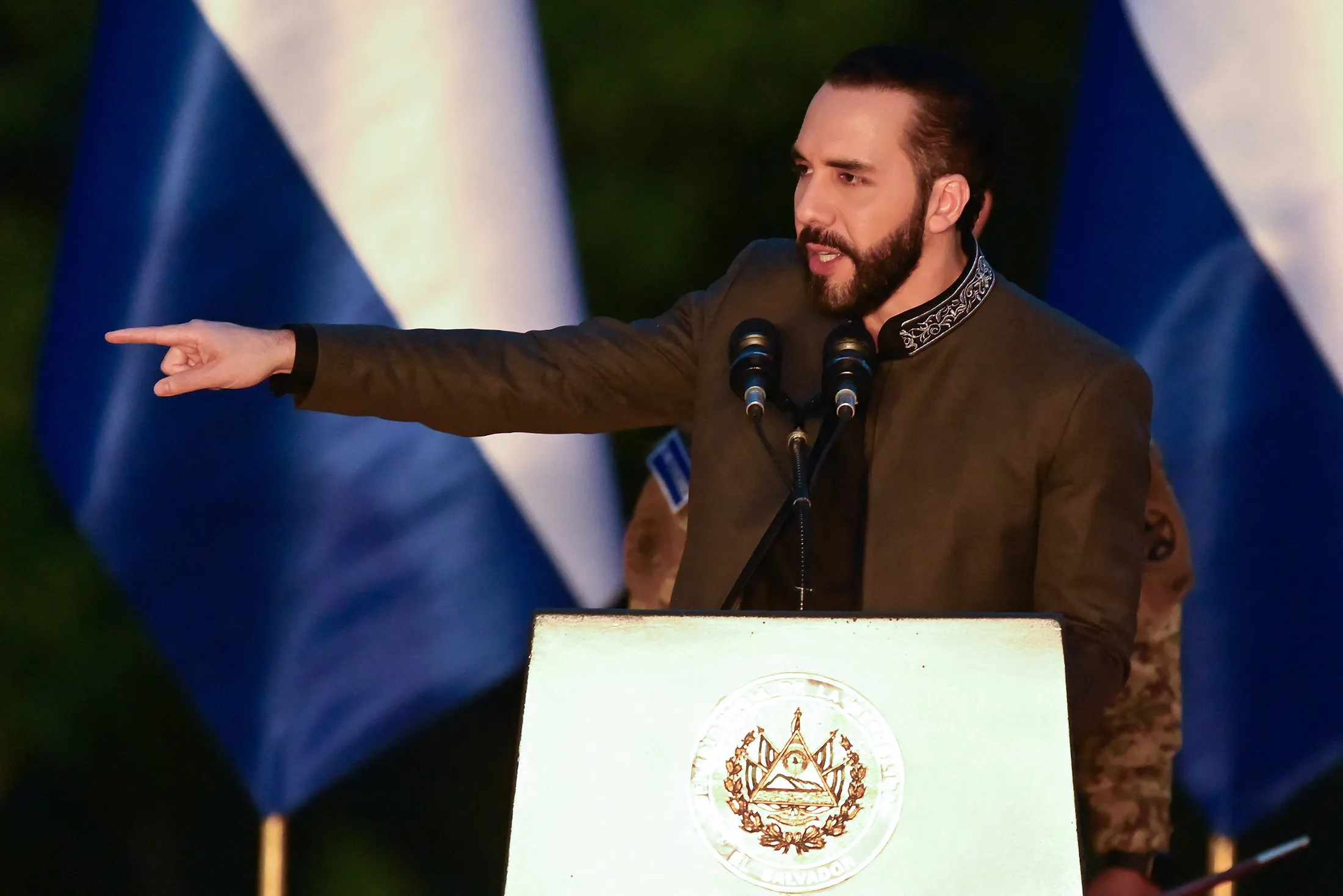 Nayib Bukele speaks during an event marking the 203rd anniversary of independence in Ciudad Arce, Libertad department, El Salvador, on September 15, 2024.&nbsp;