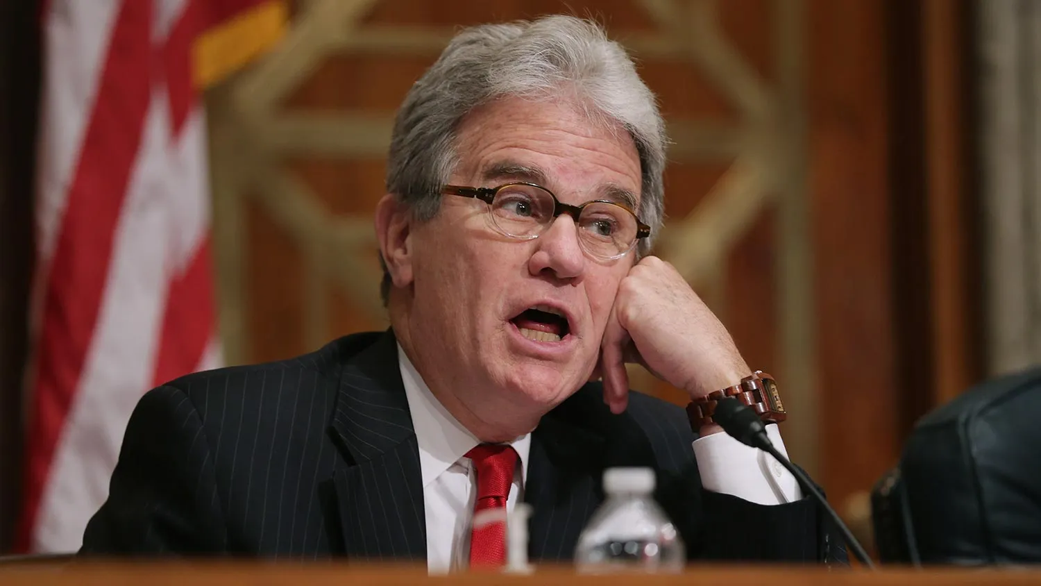 Sen. Tom Coburn (R-OK) questions witnesses about military equipment given to local law enforcement departments by the federal government during a Senate Homeland Security and Governmental Affairs Committee hearing about at the Dirksen Senate Office Building on Capitol Hill September 9, 2014 in Washington, DC.
