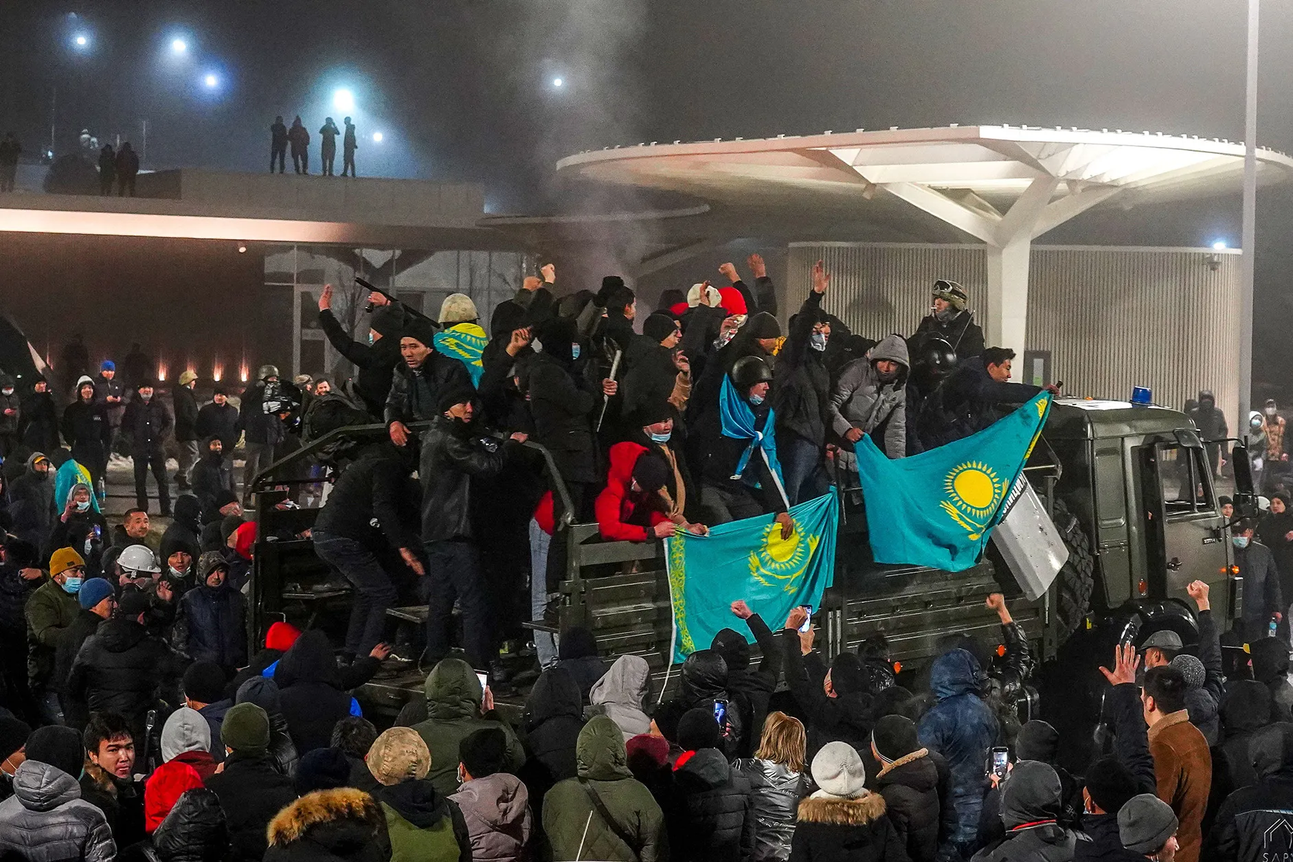 Protesters take part in a rally over a hike in energy prices in Almaty, Kazakhstan,&nbsp;on Jan.&nbsp;5.