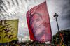 Protesters display a banner featuring Oriol Junqueras during a demonstration in Barcelona on Oct. 18, 2019.